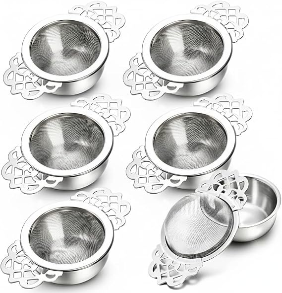 6 Pack Mesh Tea Filter Strainers, 304 Stainless Metal Tea Infuser, Tea Steeper with Handle and Drip Bowl for Loose Tea, Silver, 2.5 Inch