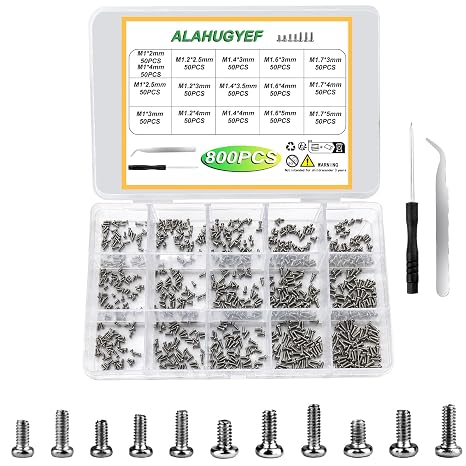 Tiny Screws for Electronics, 800 pcs Pan Head Machine Screws Assortment Kit | Micro Screws For Electronic and Eyeglass Repair, Nickel-Plated Carbon Steel, M1/M1.2/M1.4/M1.6/M1.7