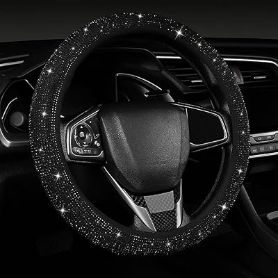 Bling Velvet Steering Wheel Cover with Sparkly Crystal Rhinestones, Anti-Slip, Breathable, Stretch Fit Car Accessory for Women & Girls Universal Fit 14.5 to 15 Inch Black Crystals