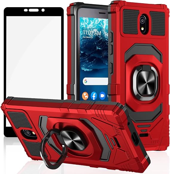 Ailiber Nokia C100 スマホケース スクリーンプロテクター付き、磁気カーマウント用リングキックスタンド、ミリタリーグレード 高耐久 耐衝撃 保護カバー TracFone C100用 - レッド