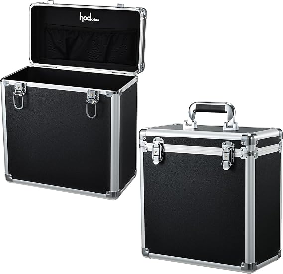 Vinyl Record Storage Case LP Storage Box Record Box Portable Album Collection Display Box Water Resistant Organizer Storage Holds 50 Valuable Records 7/10/12 Inch with Mesh Bag, Black and Silver