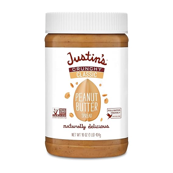 Justin's Crunchy Classic Peanut Butter 16oz. Jar, Gluten Free, Non-GMO, Responsibly Sourced