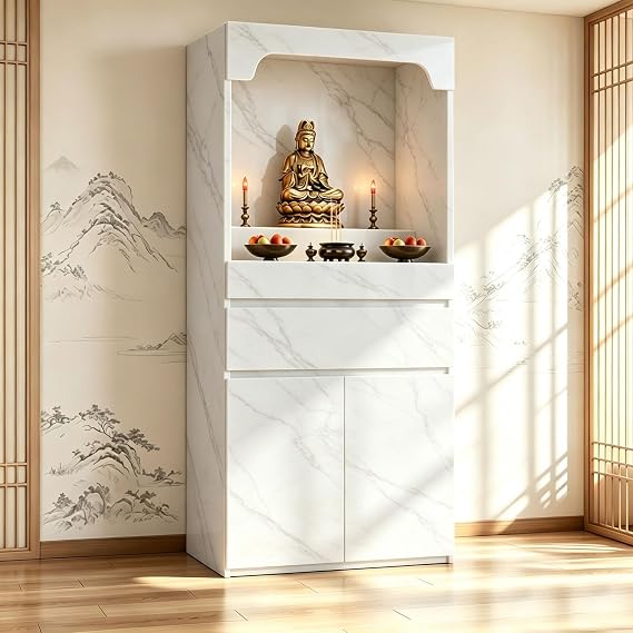 Altar Table, puja mandir With Drawers And Storage, Wood Meditation Pooja Cabinet Prayer Table, Pedestal Tables Buddhist, Feng Shui Buddhist Altar Cabinet, Pooja mandir For Home Or Temple Worship