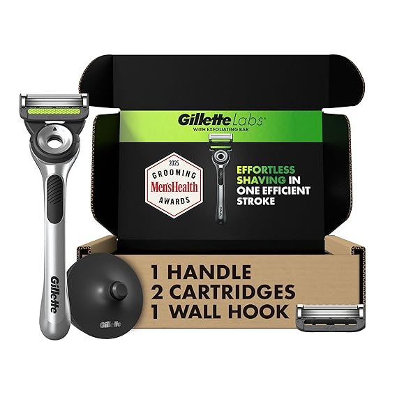 Gillette Labs Men's Razor Set, 1 Shower Hook, 1 Handle, 2 Blade Refills, Silver and Black