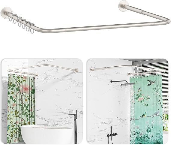 L Shaped/U Shaped Shower Curtain Rail, [60-92]X[78-198]X[60-92]cm Adjustable Shower Curtain Pole, Wall Mounted Curved Shower Rail With 12 Rings & Ceiling Support, Need Drilling, Brushed Nickel