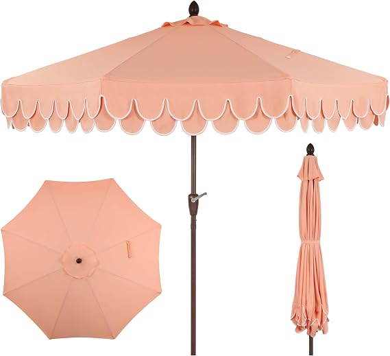 JONATHAN Y Tracy 9' Scalloped Market Patio Umbrella, Coral Pink/Dark Brown