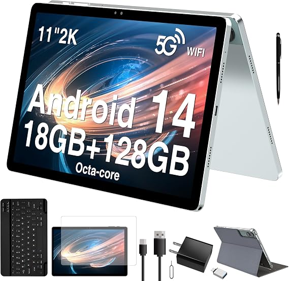 2026 Latest Gemini AI Android Tablet 11 inch, 2-in-1 Smart Tablet PC with Keyboard & Stylus Pen for Work Study, 18GB RAM 128GB ROM 2K Display, T616 Octa-Core 9000mAh, Face ID GPS Quad Speakers