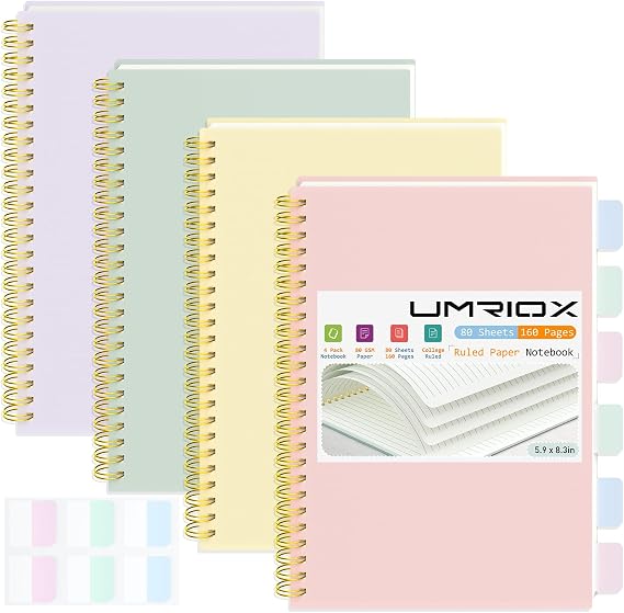 Umriox Small Spiral Notebook, 4 Pack 5.9" x 8.3" College Ruled Notebook, A5 Lined Notebook with Sticky Notes, Double-Wire Spiral Journal for Work, School