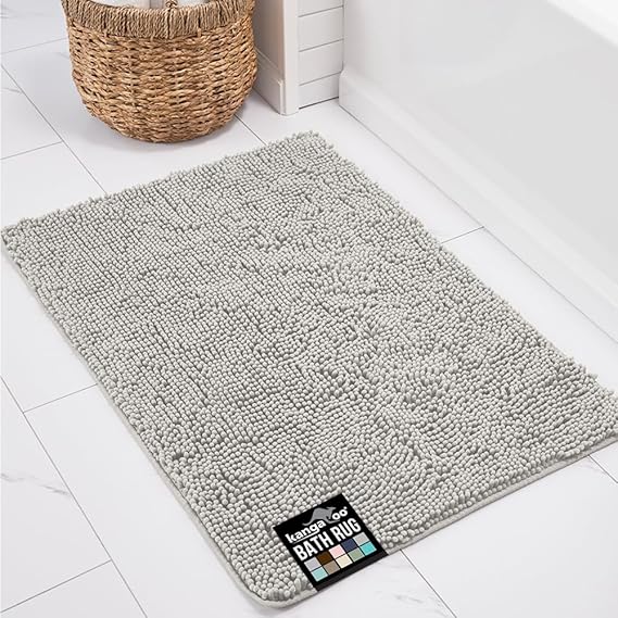 KANGAROO Bathroom Rugs, Chenille Soft Absorbent Bath Rug, Shaggy Shower Mat, Quick Dry Machine Wash Bathmat, Plush Carpet Mats for Tub, Bathtub and Room Home Decor Accessories, 24x17, Light Grey