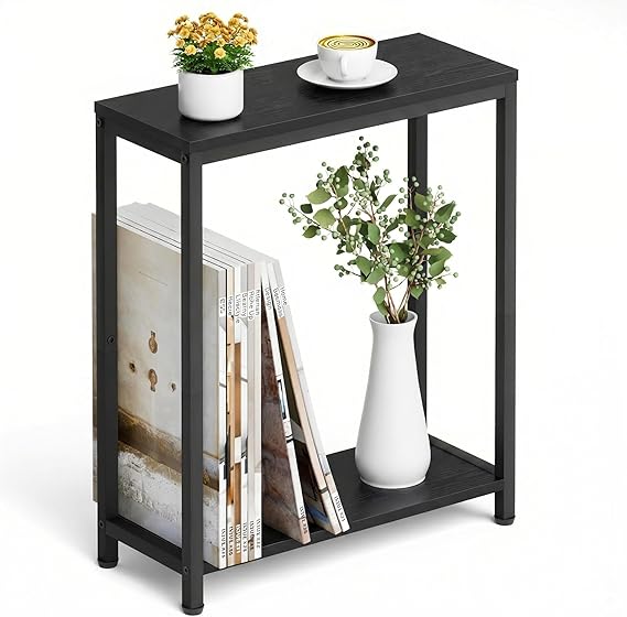 MISSLO Narrow Small Side Table for Living Room, 2 Tier End Table for Small Space, Slim Coffee Table for Sofa, Couch, Beside, Bedroom, Rustic Black