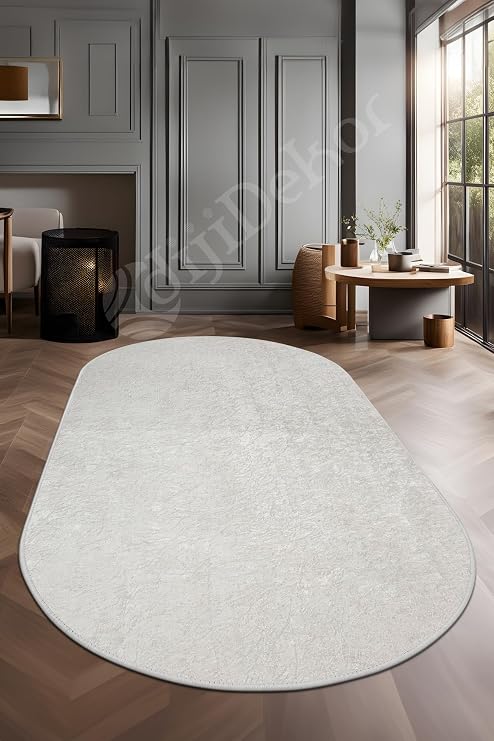 Janjanlı Oval Halı Açık Krem Salon Koridor Antre Mutfak Halısı Silinebilir Yolluk, JANJANLI-KREM-OVAL-SAÇAKSIZ, 60x200