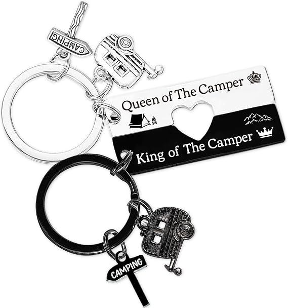 Camper Keychain Gifts for Women Men - RV Matching Accessories Camp Lovers Travel Trailers, Personalized Queen King Camping Keyring Black Silver for Couple Father Mather
