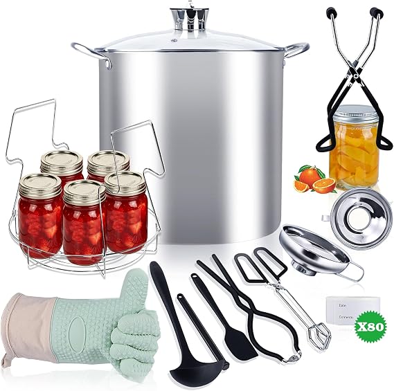Canning Supplies Starter Kit, 24L Stainless Steel Water Bath Canner Pot with Glass Lid & Canning Rack, 12-Piece All-in-One Home Canning Set for Beginners, Silver