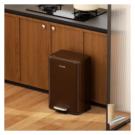 Kitchen Bathroom Trash Can - Stainless Steel Garbage Cans with Foot Pedal, Recycling Bin with Lid for Office Bathroom Decor (Coffee, 13 Liter / 3.5 Gallon)