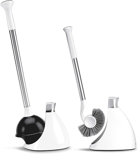 simplehuman Toilet Plunger and Toilet Brush Set with Holder, Magnetic Drip-Free Covers, Crescent Brush Head and Modern-Toilet Plunger Flange, Hidden Dome Storage, Stainless Steel, White