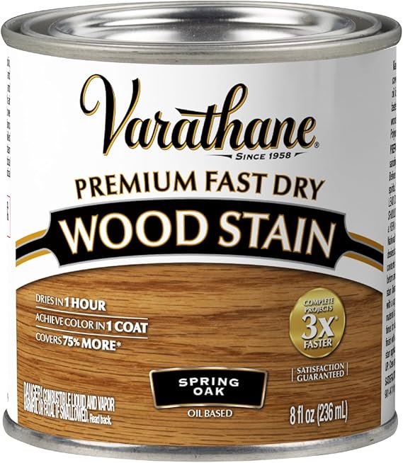Varathane Premium Fast Dry Spring Oak Wood Stain | Oil-Based, 1 Coat Color, 1 Hour Dry Time, Interior Wood Stain, Furniture, Cabinets, Doors, Covers Up to 70 Sq Ft, Half Pint