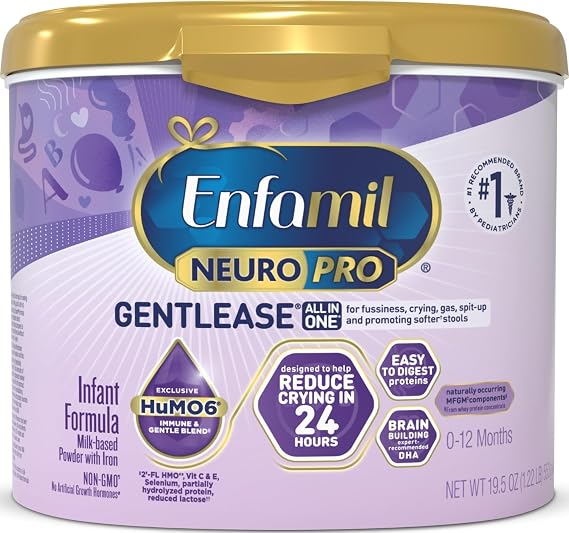 Enfamil NeuroPro Gentlease for easing Fussiness, Crying, Gas, Spit-up in 24 Hrs, Smaller Proteins for Easy Digestion, Brain Supporting DHA, Prebiotic Blend, HuMO6*, Baby Formula, Reusable Tub, 19.5 Oz