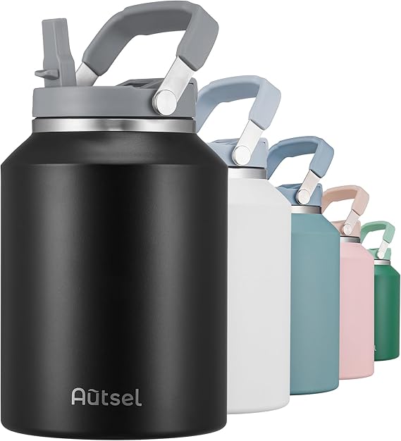 2l Stainless Steel Water Bottle with Handle, 2 Litre Insulated Water Bottle with Leak-Proof Lid, Large Metal Water Bottle and Flask for Hot & Cold Drinks, Ideal for Travel & Sports