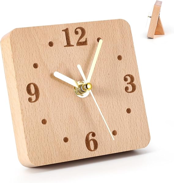 Wood Desk Clock, Silent Non Ticking 11cm Diameter Analog Clock, Beech Wood | Small Modern Table Clock for Shelf, Table, Mantel or Bedside, Home Decorative Beech Wood Clock