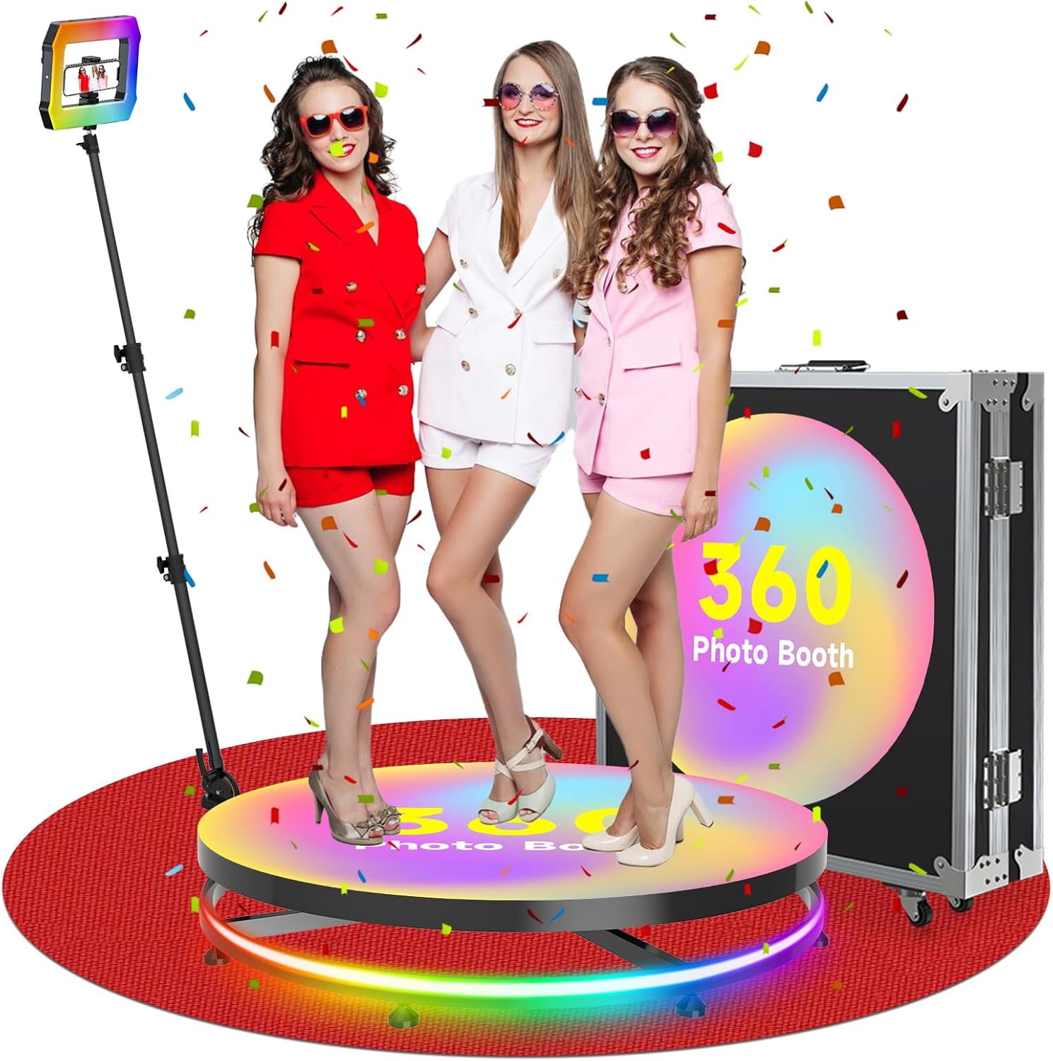 360 Photo Booth Machinefor Parties 39.8“100cm for 1-5 People, APP Remote Control 360 Photo Booth Automatic 360 Spin with Flight Case, Built-in Ring Light, Free Custom Logo 31.6in