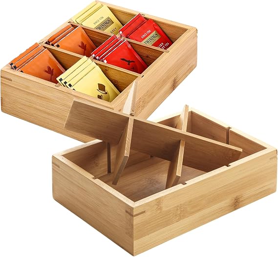 2 Pack Bamboo Tea Bag Organizer, 24x16x6.5cm Wood Hot Tea Bag Drawer Storage Organizer Holder with 6 Compartments, Tea Box Organizers