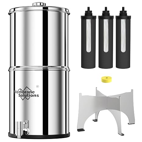 Membrane Solutions Stainless Steel 2.25 Gallon Water Filter | Gravity Countertop System, Includes 3 Pack 0.1-Micron UF Elements, Ideal for Home, Camping, RVing