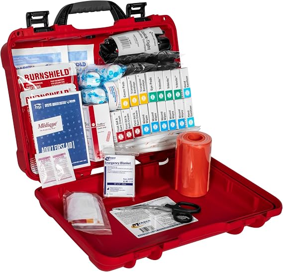 Construction First Aid Kit OSHA Class B & EM385-1 Waterproof Rugged Case | Work Site First Aid Kit | Rugged Waterproof Case | 2021 OSHA Class B & Army Corp EM385-1-1 Supplies | Portable