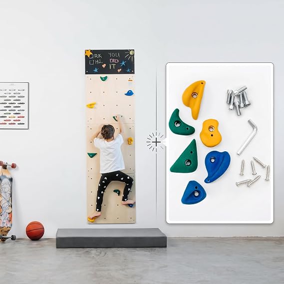 ComfyBumpy Rock Climbing Wall for Kids | Indoor Playground Play Gym Set with Drawing Blackboard & 12 Non-Slip Holds | Durable Wooden Climber Ages 3+ | 132 lbs Capacity | Additional 6 Climbing Holds