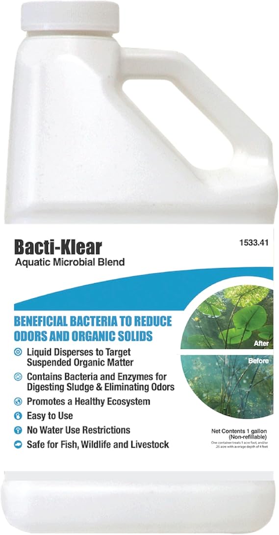 Bacti-Klear Aquatic Microbial Blend 1 gal of powerful beneficial bacteria for ponds & lakes; eliminates muck, sludge, odors. Safe for fish, pets, and wildlife. Easy-to-use for clear, healthy water.