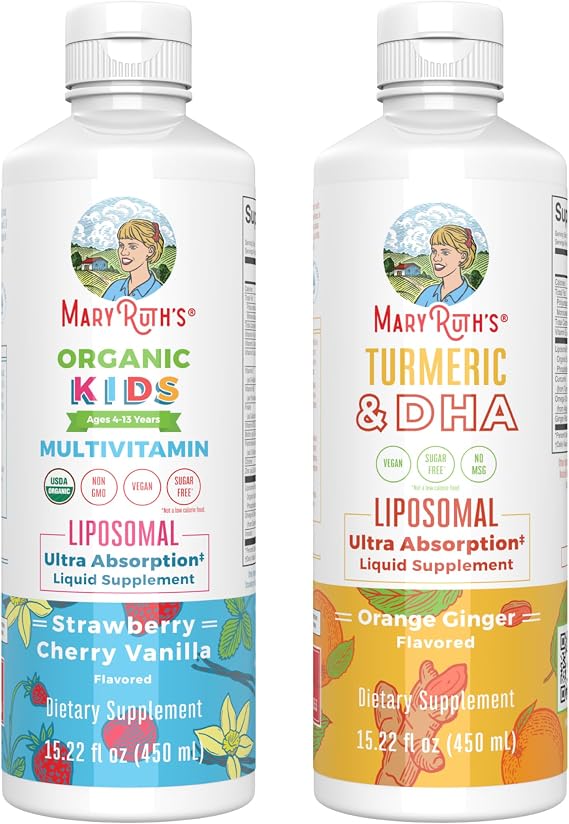 MARYRUTH'S Organics Kids Multivitamin (Strawberry Cherry & Vanilla) & Turmeric & DHA Liposomal (Sweet Ginger) | Clean Label Project Verified | Vitamins for Joint Health & Overall Wellness | Vegan