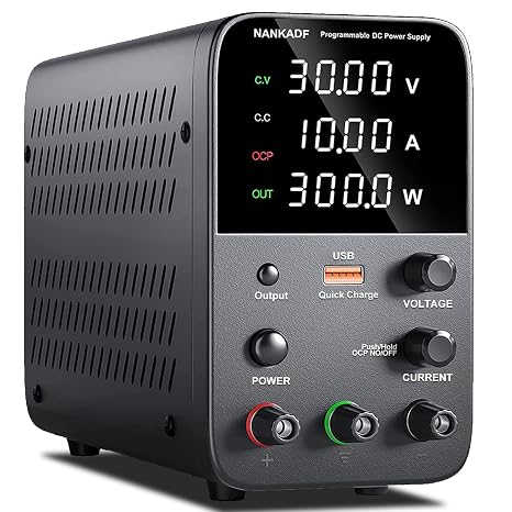 DC Power Supply Variable, Bench Power Supply with Encoder Adjustment Knob, Output Enable/Disable Button, Adjustable Power Supplies with USB Quick-Charge, Short Circuit Alam (30V 10A Black)