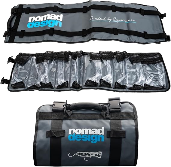 Nomad Design Lure Roll - Large Size with 10 Pockets Respectively, Portable Waterproof Tarpaulin Fish Lure Bag - Heavy Duty PVC Window, Mesh Cleaning & Drying Tabs