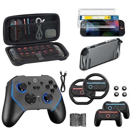 Pro Controller Accessories Bundle for Nintendo Switch 2, 17-in-1: Carrying Case, Screen Protector, Thumb Grip for Joycon, Dockable Console Protective Cover Shell, Steering Wheel, 2025 Switch2 Game Kit