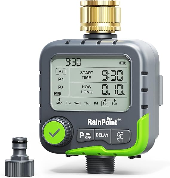 RAINPOINT Water Timer, with 3 Independent Programs, Brass Inlet, Automatic Rain Delay & Solar Recharging, IP65 Waterproof Irrigation Hose Timer for Garden, Lawn, Yard Watering