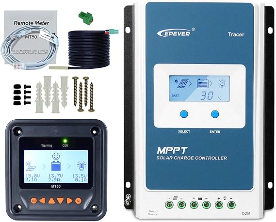 EPEVER MPPT Solar Charge Controller 20A Tracer2210AN + Remote Meter MT50+Temp Sensor Cable Solar Charge with LCD Display for Lithium, Sealed, AGM Battery Charging