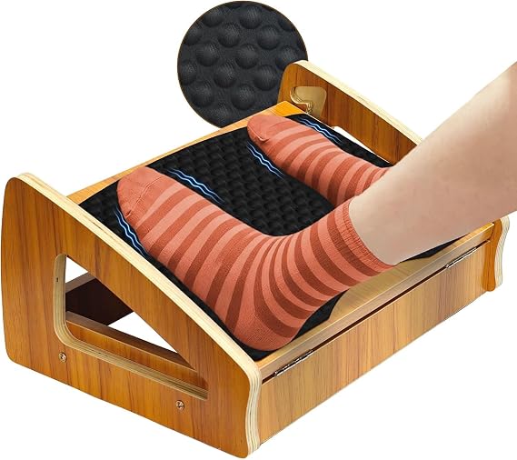 Foot Rest with Pebble Massage Surface. Wooden Under Desk Adjustable Ergonomic Foot Stool