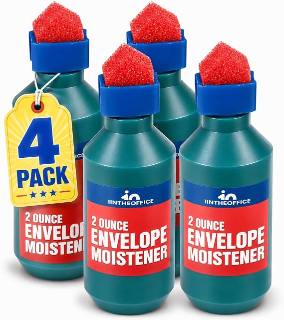1InTheOffice Envelope Moistener, Envelope Sealer Bottle Wedge Sponge, Tipped Squeeze Bottle, Spill Proof (4 Pack)