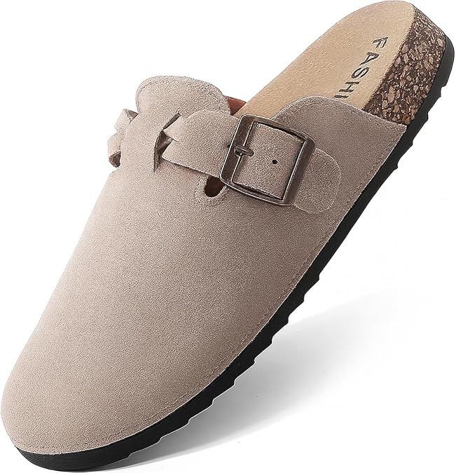 Women's Suede Clogs, Cork Footbed Leather Mules, Slip-On Potato Shoes