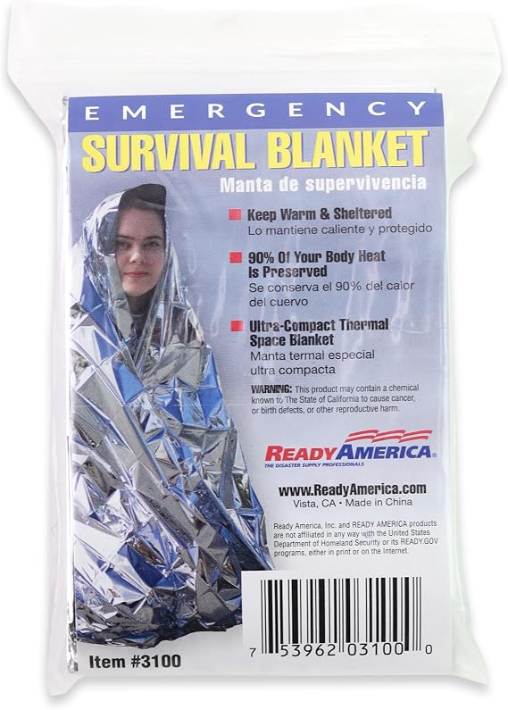 Ready America 3100 Survival Blanket | Space Blanket for Emergencies and Survival Kits, Perfect for Outdoors, Hiking, Survival