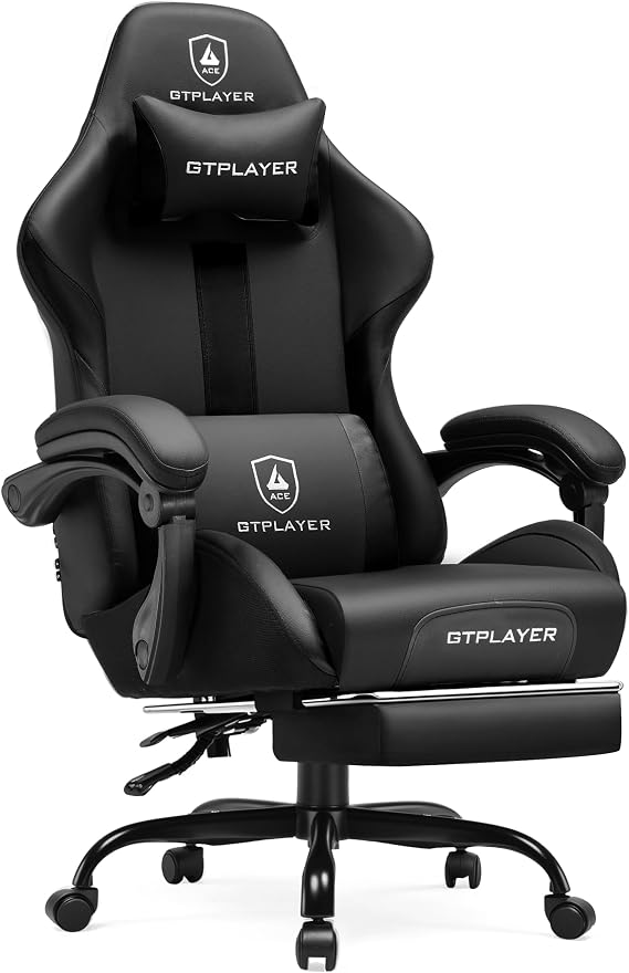 GTPLAYER Gaming Chair with Foot Rest & Pocket Spring Cushion, Ergonomic High Back Computer Chair with Headrest & 360-Swivel Seat for Home Office Desk, PU Leather, Black