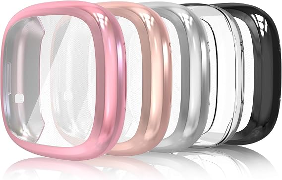Simpeak 5Pack Full Screen Protector Case Compatible with Fitbit Sense/Versa 3, Soft Slim TPU Plated Bumper Case Compatible with Fit bit Versa3 Sense Smartwatch, Rose Pink/Rose Gold/Clear/Silver/Black