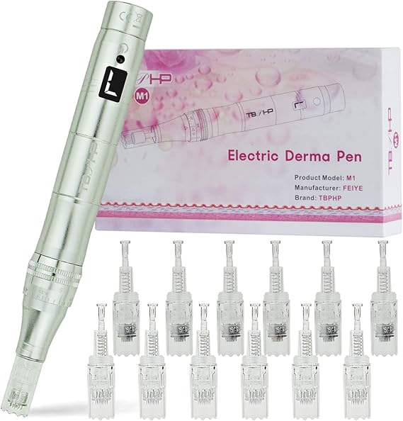 Dermapen with LCD Screen and 7 Speed Levels Adjustable Length Including 12 Heads Cartridges Silver