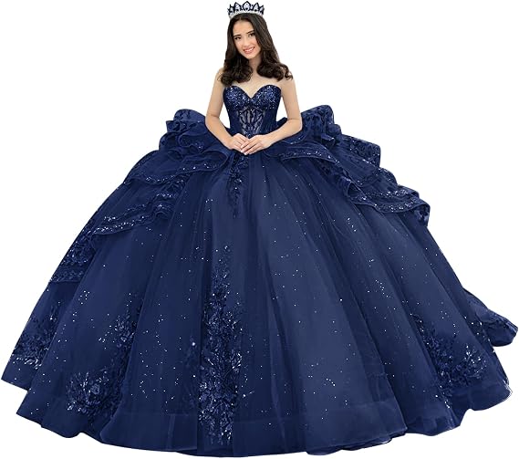 Mouccy Sparkly Beaded Quinceanera Dresses with Ruffles Strapless Lace Vestidos De 15 Anos Tulle Sweet 16 Dresses with Bow