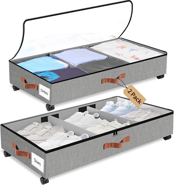 2 Pack Under Bed Storage Box with Lid Wheels, Clothes Boxes Bags with Clear Lids, Metal Frame Underbed Organiser Box, Home Closet Organization Drawer Bins for Clothes Shoes Toys Blankets, Grey
