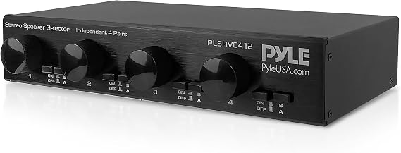 Pyle 4 Channel High Power Stereo Speaker Selector with Volume Control - Rugged and Durable Housing Construction, Cabinet Heat Sink, Plug and Play Easy Install - PLSHVC412