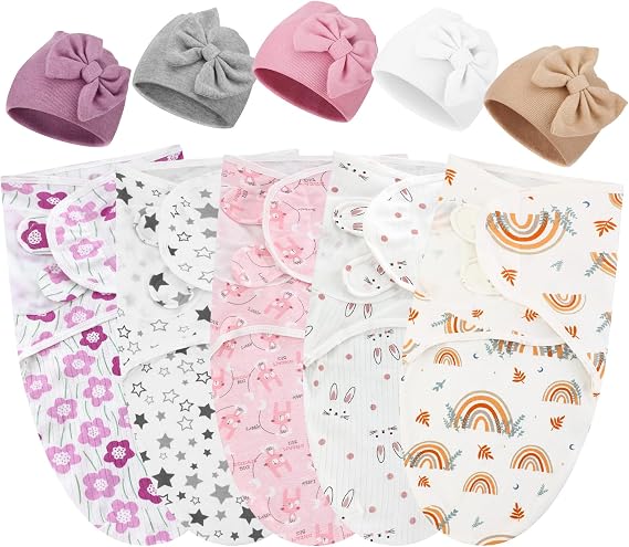 Fanfanwin 5 Pack Preemie Swaddle Blanket Wrap with Hat Set Cotton Preemie Baby Clothes Hat Receiving Blanket for 3-7 Lbs Newborn Boys Girls(Bow)