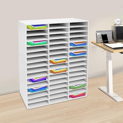 PVC Literature Organizer with 48 Compartments, Student Mailbox for Classroom, Desktop Paper Organizer for Office Home School, Mail Sorter with Adjustable Shelves, White