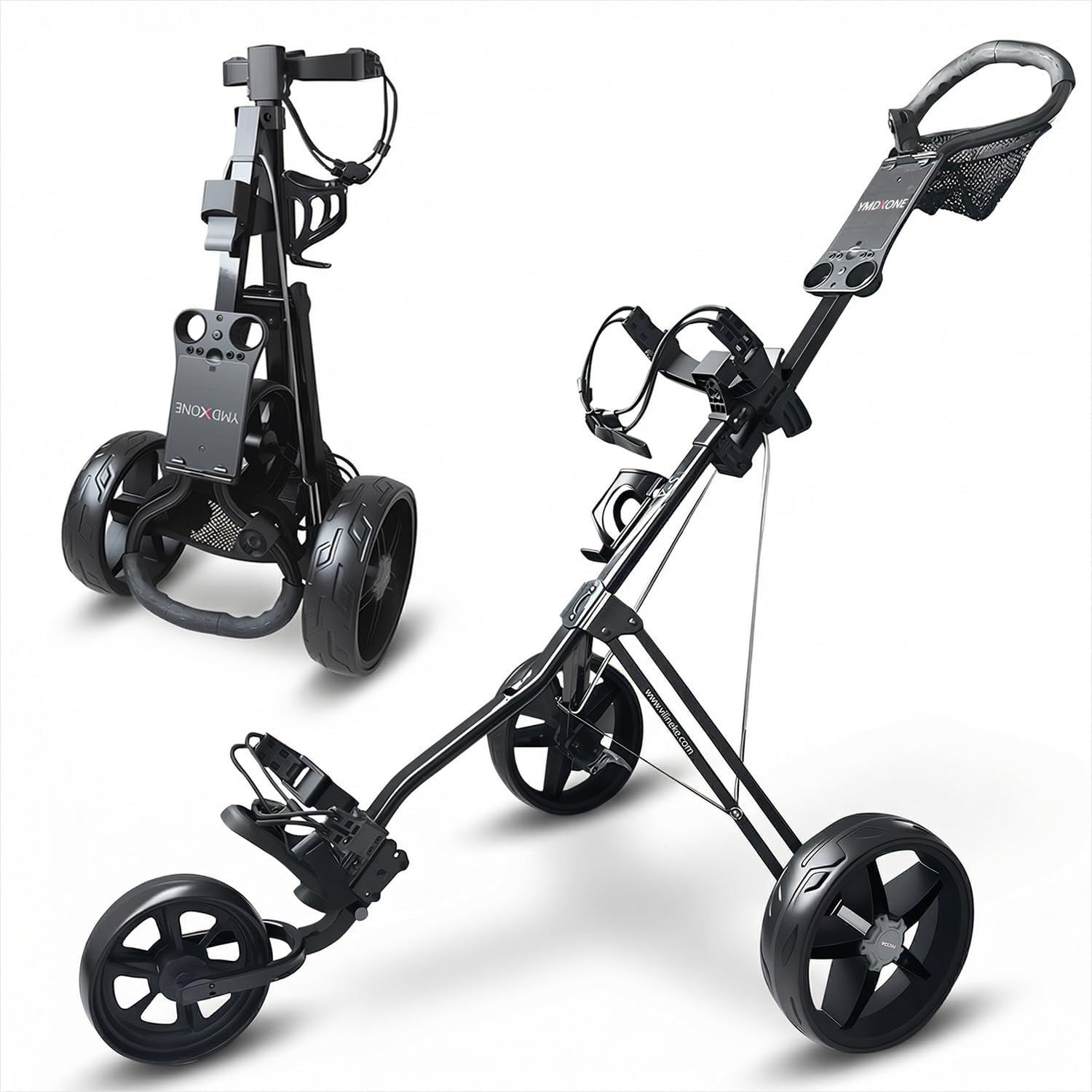 3-Wheel Golf Trolley: Lightweight & Foldable Push Cart for Easy Storage and Transport. Features Adjustable Handle, Foot Brake, Bottle Holder, Umbrella Holder and Scorecard Holder