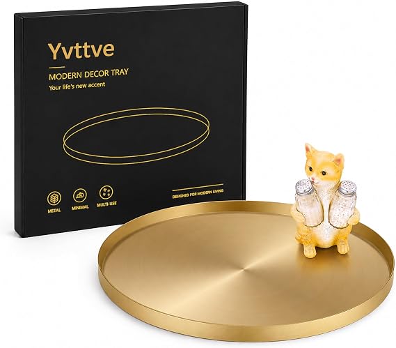 Golden Round Metal Tray with 3 Non-Slip Serving Tray Decorative Plate and Decorative Tray Candle Tray (Diameter 32 cm Gold)