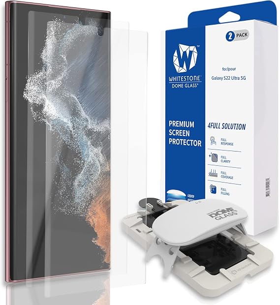 Whitestone Samsung Galaxy S22 Ultra Dome Glass Screen Protector with Full Tempered Glass Shield with Liquid Dispersion Technology Easy Installation Kit Screen Guard for Smartphones - 2 Pack